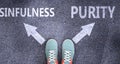 Sinfulness and purity as different choices in life - pictured as words Sinfulness, purity on a road to symbolize making decision Royalty Free Stock Photo