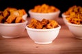 sing bhujia in white bowl,Indian Snack, savory,nimco in Mixture namkeen, Aloo sev And Round Shaped Yellow Snack,Namkeen, Farsan