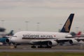 Singapore Airlines Airbus A380 on runway.