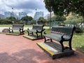 COVID-19. Social safe distancing rules in public spaces during coronavirus outbreak. Public seats park benches are sealed off with