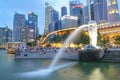 SINGAPORE-APRIL 10, 2016: The Merlion fountain in Singapore. Merlion is a imaginary creature with the head of a lion,seen as a Royalty Free Stock Photo