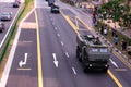 Celebrating National Day. The Mobile Column military parade travelling through north of Singapore, in Yishun heartlands. Crowds