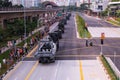 Celebrating National Day. The Mobile Column military parade travelling through north of Singapore, in Yishun heartlands. Crowds