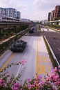 Celebrating National Day. The Mobile Column military parade travelling through north of Singapore, in Yishun heartlands. Crowds