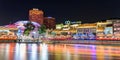 Singapore, Singapore - Aug 1, 2019 : Colorful light building at night historical riverside quay in Clarke Quay, located within the Royalty Free Stock Photo