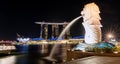 Singapore - Aug 23, 2019 : Night city view of Landmark at the marina in singapore with merlion statue fountain in merlion park