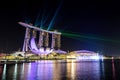 Singapore, Singapore - Aug 4, 2019 : Singapore skyline of marina bay Beautiful laser show at Marina Bay Sands Hotel in night time