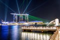Singapore, Singapore - Aug 4, 2019 : Singapore skyline of marina bay Beautiful laser show at Marina Bay Sands Hotel in night time Royalty Free Stock Photo