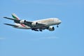 Singapore - August 2015.Airbus A-380 Emirates airlines approachi