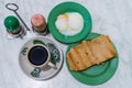 Singapore Breakfast Kaya Toast, Coffee bread and Half-boiled egg Royalty Free Stock Photo