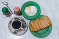 Singapore Breakfast Kaya Toast, Coffee bread and Half-boiled egg Royalty Free Stock Photo