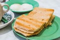 Singapore Breakfast Kaya Toast, Coffee bread and Half-boiled egg Royalty Free Stock Photo