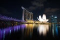 Singapore business district skyline with helix bridge in night at Marina Bay, Singapore