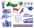 Singapore cartoon icons set