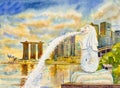 SINGAPORE city skyscrapers. watercolor paintings Royalty Free Stock Photo