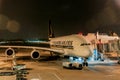 Singapore - Dec 21, 2017 - Singapore Airlines Airbus A380 at loading bay Royalty Free Stock Photo