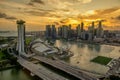 Cityscape from a height from the Singapore Flyer In the evening, the beautiful golden sky