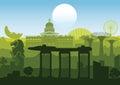 Singapore famous landmark silhouette style with row design on sunset time,green and blue color