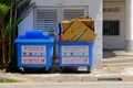 Singapore Feb2020 Common non-sorting blue recycling bins for paper, metal, plastic, and glass at Tiong Bahru HDB estate. They
