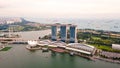 Singapore, 12 February 2020: Aerial view of hotel Marina Bay Sands and harbor Royalty Free Stock Photo