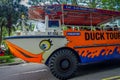 SINGAPORE, SINGAPORE - FEBRUARY 01, 2018: Outdoor view of duck tour bus public transport, for travel around the city in Royalty Free Stock Photo