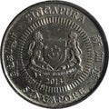 Singapore five-cent coin features Emblem with date underneath and `Singapore` on four sides in English, Tamil, Chinese, and Malay. Royalty Free Stock Photo