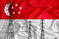 Singapore flag in the background Conceptual illustration and silhouette of a high voltage power line in the foreground a symbol of