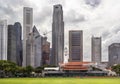 City cricket club and an old clock tower against the backdrop of modern Downtown skyscrapers Royalty Free Stock Photo