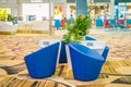 SINGAPORE, SINGAPORE - JANUARY 30, 2018: Indoor view of waiting lounge area with a blue sofa inside of Changi