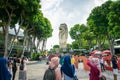 Merlion Statue on Sentosa Island and tourists in Singapore. Royalty Free Stock Photo