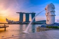 SINGAPORE-JULY 9, 2016: Merlion statue fountain in Merlion Park