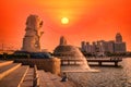 SINGAPORE-JULY 9, 2016: Merlion statue fountain in Merlion Park and Singapore city skyline at sunrise on July 9, 2016. Merlion Royalty Free Stock Photo