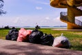 Singapore Jun2020 Bags of trash collected from East Coast Park beach after circuit breaker period. The beach grew very dirty with Royalty Free Stock Photo