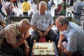 Singapore-09 JUN 2018:Chinese old man play chess in the Singapore China town open plaza Royalty Free Stock Photo