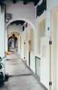 Singapore-09 JUN 2018: Singapore traditional shop house walk corridor inside view