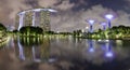 SINGAPORE - JUNE 23, 2019: Beautiful dusk at Garden by the Bay. Calm water at the Lily Pond create reflection for the man made