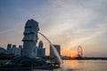 SINGAPORE - June 6 : Merlion park at dawn with sunrise scene in Royalty Free Stock Photo