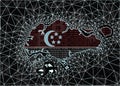 Singapore map silhouette made of binary code, on black background with digital blockchain grid and bitcoin signs. Singapore