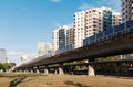 Singapore-24 MAR 2018: A transit subway on elevated rails through a public housing estate