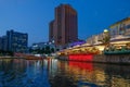 SINGAPORE - March 7, 2019 : Colorful light building at night in Clarke Quay, Singapore. Clarke Quay, is a historical riverside qua Royalty Free Stock Photo