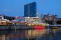 SINGAPORE - March 7, 2019 : Colorful light building at night in Clarke Quay, Singapore. Clarke Quay, is a historical riverside qua Royalty Free Stock Photo