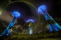 singapore - 3 March  2020: Singapore future park gardens by the bay  supertree and marina bay sands building in the night lights Royalty Free Stock Photo