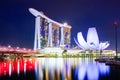 SINGAPORE, SINGAPORE - MARCH 2019: Skyline of Singapore Marina Bay at night with Marina Bay sands and Art Science museum Royalty Free Stock Photo