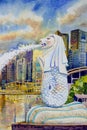 Singapore at the marina, merlion statue. Royalty Free Stock Photo