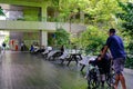 Singapore May2020 Covid-19 Yishun Khoo Teck Puat Hospital interior. Tables partially wrapped with plastic to limit gathering, Royalty Free Stock Photo