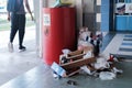 Singapore May2021 Eyesore at common void deck of HDB estate in Yishun. Overflowing trash bin caused by thoughtless irresponsible Royalty Free Stock Photo