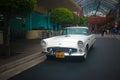 Singapore - May 25, 2019: Ford thunderbird 1957 in white color parked on the street. Front side