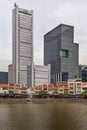 Skyscrapers over the traditional shop houses of Boat Quay in downtown Singapore.