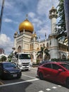 Singapore, May 15, 2023. Masjid Sultan, Singapore Mosque in historic Kampong Glam with golden dome and huge prayer hall.