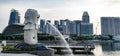 Singapore Merlion park skyline with tall buildings like pan pacific, mandarin oriental, conrad, esplanade at Marina bay, Singapore Royalty Free Stock Photo